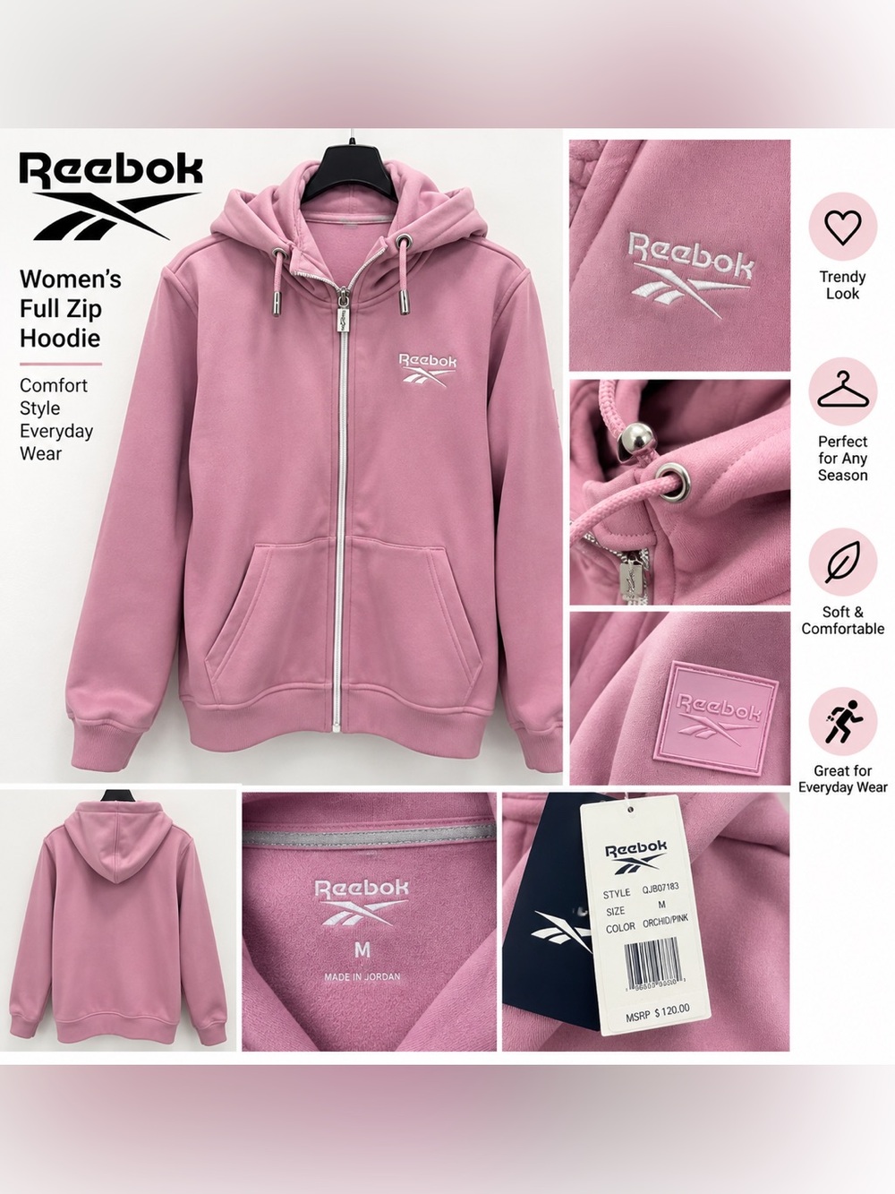 Reebok Kids Pink Full-Zip Hoodie with Hood